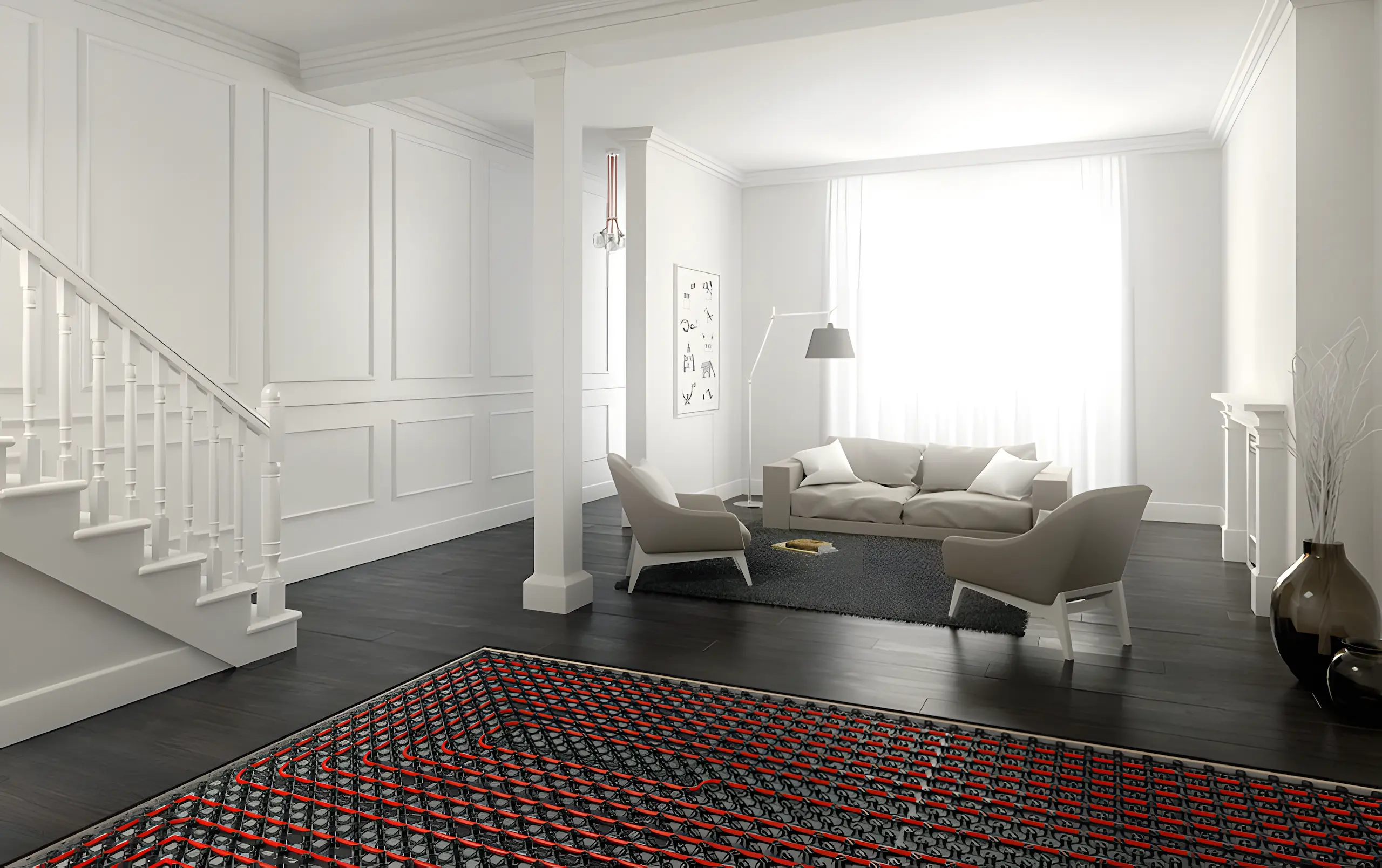 Underfloor heating installation in a modern residential family home living room